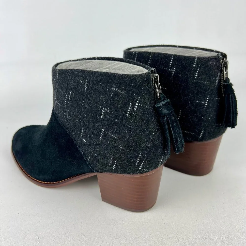 Toms Womens Leila Ankle Boot Black Suede Dotted Wool Back Zip Tassel size 8